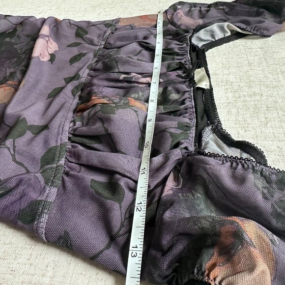 NWT Anthropologie Maeve Square Neck Ruched Mesh Dress Petite XS Purple Floral - Picture 8 of 10